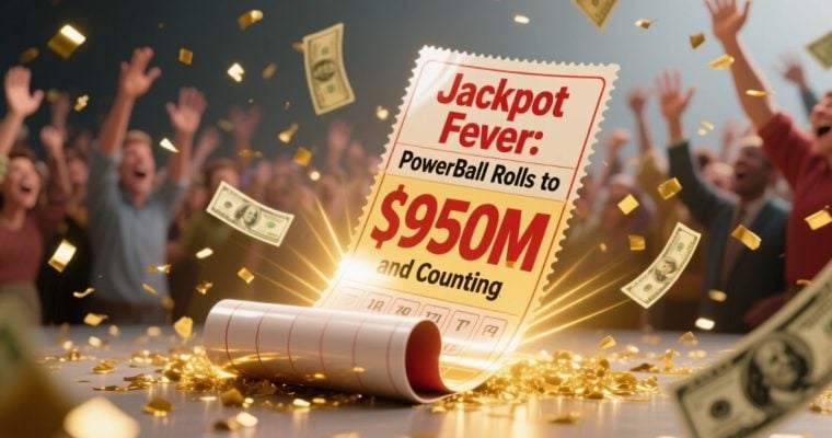 Lottery Ticket Reads: "Jackpot Fever: Powerball Rolls to $950M and Counting"