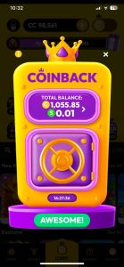A screenshot of the author's coinback balance after playing on Crown Coins casino