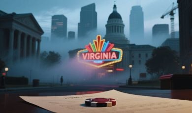 Legal Paper with Gambling Chip Foreground and Dark Cityscape with VA Casino Background
