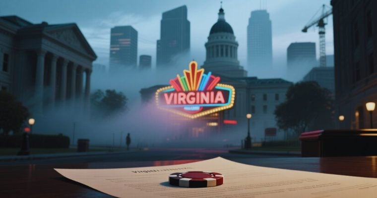 Legal Paper with Gambling Chip Foreground and Dark Cityscape with VA Casino Background
