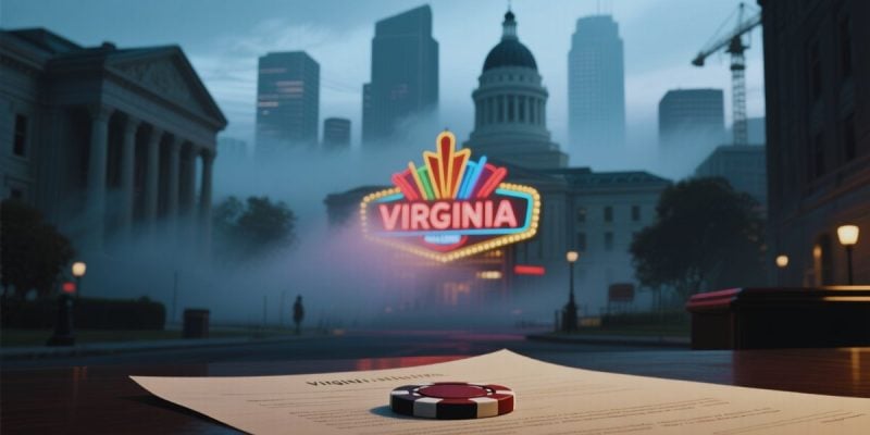 Legal Paper with Gambling Chip Foreground and Dark Cityscape with VA Casino Background