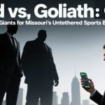 David & Goliath Concept With 3 Men Looming Over One Man Holding Cell Phone