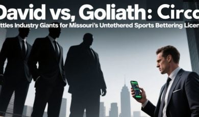 David & Goliath Concept With 3 Men Looming Over One Man Holding Cell Phone