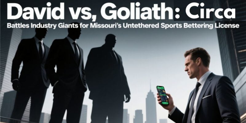 David & Goliath Concept With 3 Men Looming Over One Man Holding Cell Phone