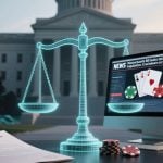 MA Capitol Building Backdrop to Digital Scale & Desktop computer with online casino game displayed