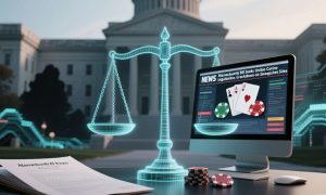 MA Capitol Building Backdrop to Digital Scale & Desktop computer with online casino game displayed