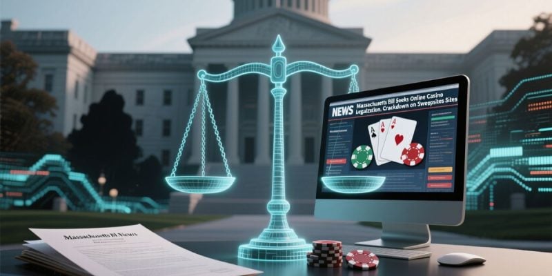 MA Capitol Building Backdrop to Digital Scale & Desktop computer with online casino game displayed