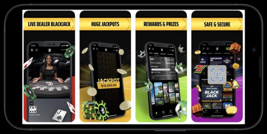 Four views of DraftKings Casino app on iPhone