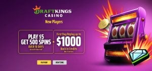 Graphic showing the new DraftKings Casino sign-up bonus with bonus spins and lossback window