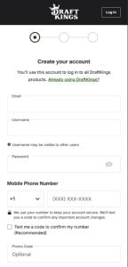 A screenshot of signing up for the DrafKings Casino mobile app