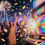 Sweepstakes Casino Slot Machine Style Game Burst with Coins while People Cheer