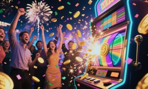 Sweepstakes Casino Slot Machine Style Game Burst with Coins while People Cheer
