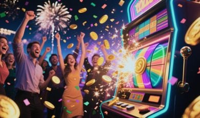 Sweepstakes Casino Slot Machine Style Game Burst with Coins while People Cheer