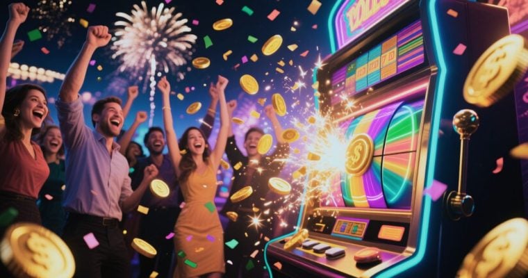 Sweepstakes Casino Slot Machine Style Game Burst with Coins while People Cheer