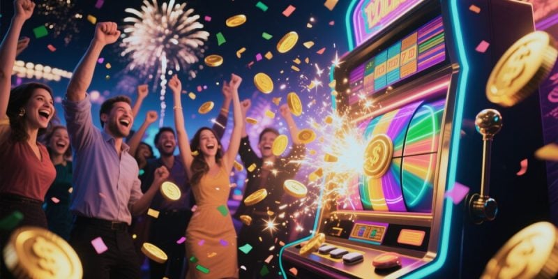 Sweepstakes Casino Slot Machine Style Game Burst with Coins while People Cheer