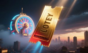 Golden Lotey Powerball Ticket Soars In the City Skyline