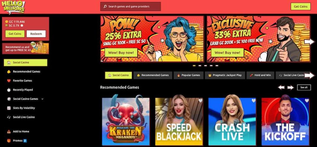 Landing Page for Hello Millions Social Casino