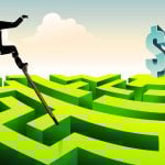 Illustration of Business Man Maneuvering Labrynth To Get Dollar Sign