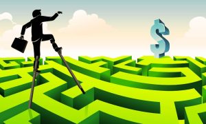 Illustration of Business Man Maneuvering Labrynth To Get Dollar Sign