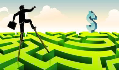 Illustration of Business Man Maneuvering Labrynth To Get Dollar Sign