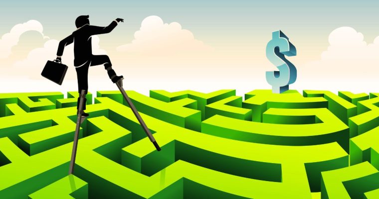 Illustration of Business Man Maneuvering Labrynth To Get Dollar Sign