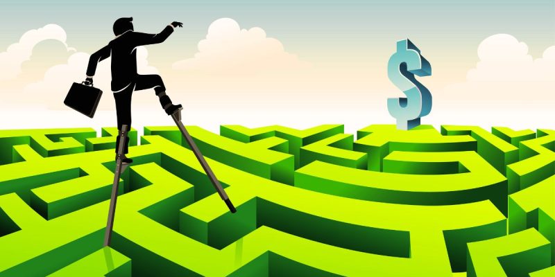 Illustration of Business Man Maneuvering Labrynth To Get Dollar Sign