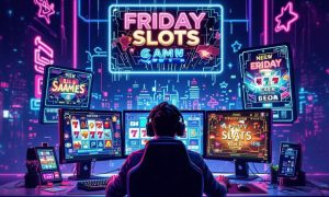 Illustration of Man Sitting In Front Of Computers With Online Slots Displayed