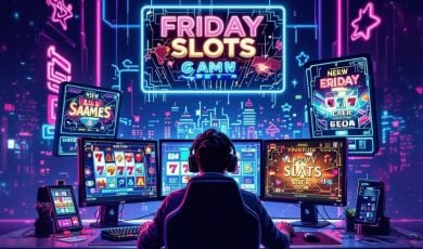 Illustration of Man Sitting In Front Of Computers With Online Slots Displayed