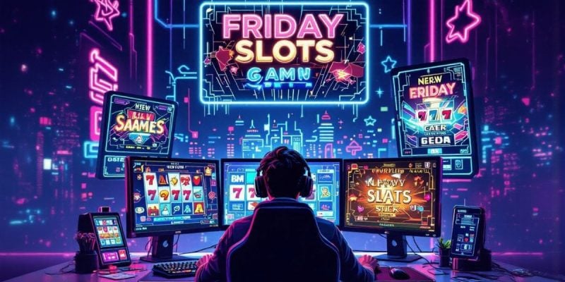 Illustration of Man Sitting In Front Of Computers With Online Slots Displayed
