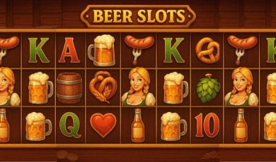 Illustration of a Beer-Themed Online Slots Game with Iconic Symbols
