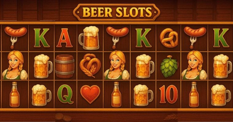 Illustration of a Beer-Themed Online Slots Game with Iconic Symbols