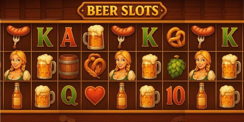 Illustration of a Beer-Themed Online Slots Game with Iconic Symbols