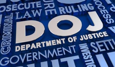Illustration with Silver DOJ At Center Surrounded By Similar Verbiage