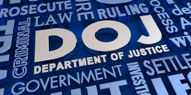 Illustration with Silver DOJ At Center Surrounded By Similar Verbiage