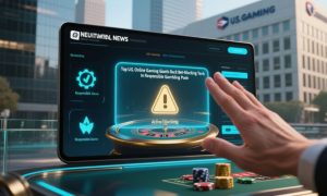 Laptop Displays Warning Sign Man's Hand Stopped From Gambling