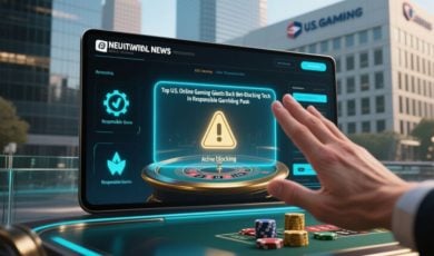 Laptop Displays Warning Sign Man's Hand Stopped From Gambling