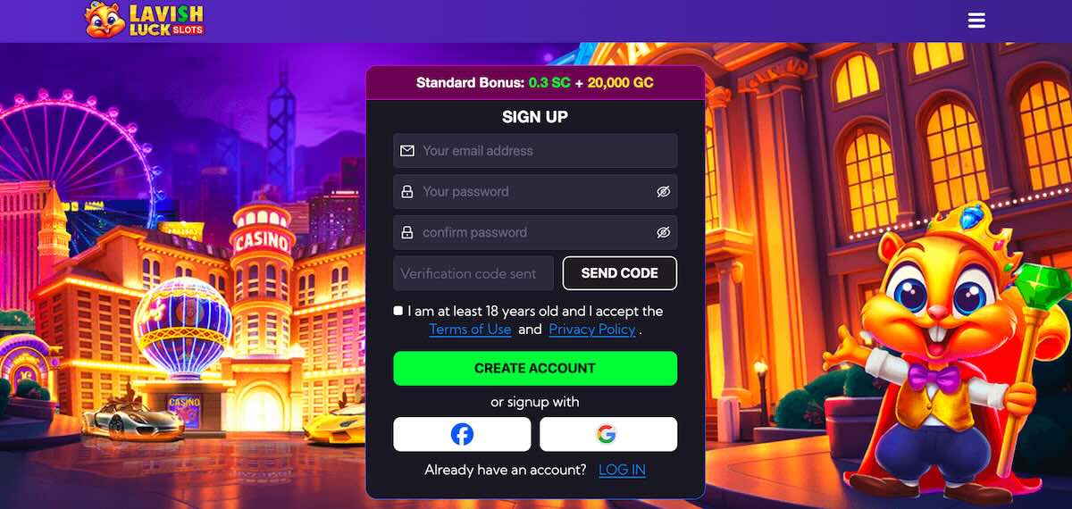 Lavish Luck Slots sign-up page
