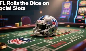 Casino with Slot Machines and Game Table with NFL Helmet & "NFL Rolls the Dice on Social Slots"