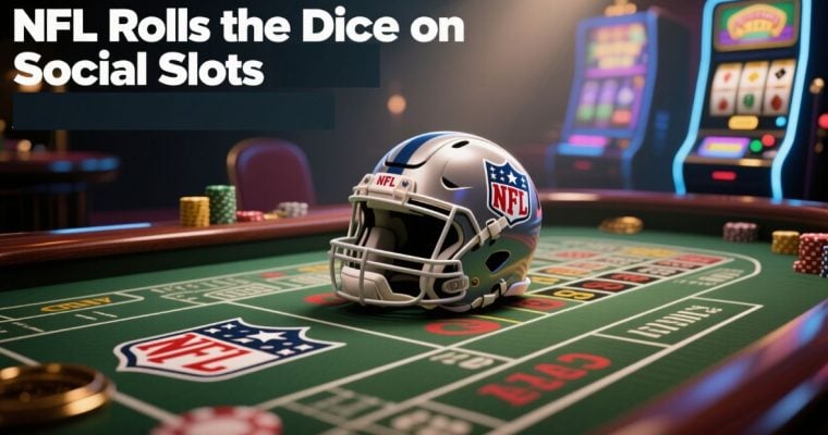 Casino with Slot Machines and Game Table with NFL Helmet & "NFL Rolls the Dice on Social Slots"