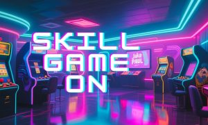 Bright Neon Lit Arcade Room with Jake Paul's name On One Screen & "Skill Game On" Text overlay