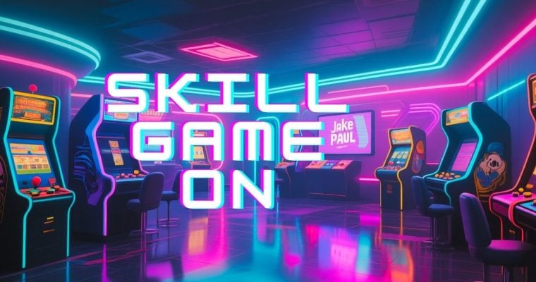 Bright Neon Lit Arcade Room with Jake Paul's name On One Screen & "Skill Game On" Text overlay