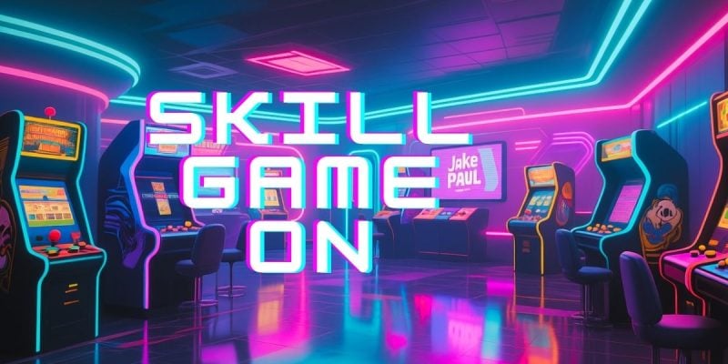 Bright Neon Lit Arcade Room with Jake Paul's name On One Screen & 