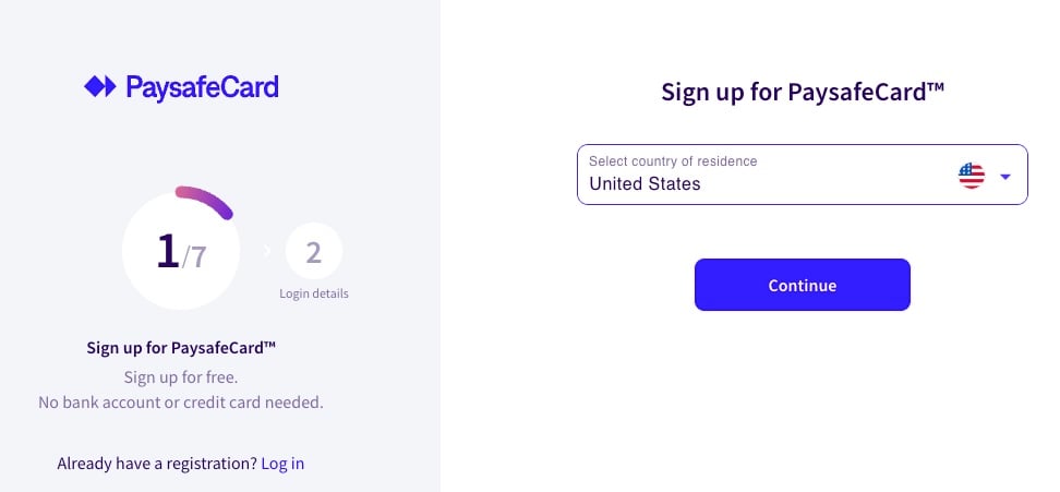Paysafecard sign-up page
