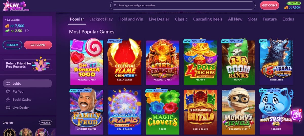 PlayFame Social Casino Main Lobby on Desktop