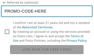 Where to enter sweeps promo code (at Pulsz)