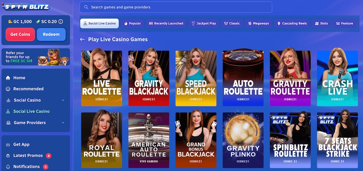 SpinBlitz Casino homepage on desktop