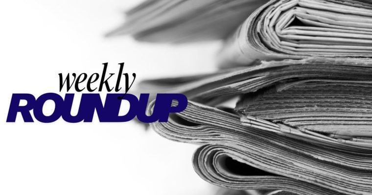 Stacked Newspapers With Weekly Roundup Text Overlay