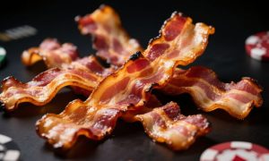 Strips of Crispy Bacon Piled On Casino Table Surrounded By Money Chips