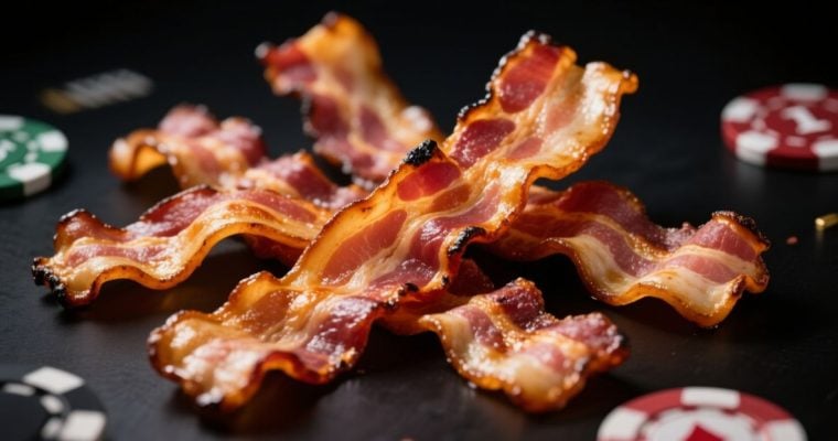 Strips of Crispy Bacon Piled On Casino Table Surrounded By Money Chips
