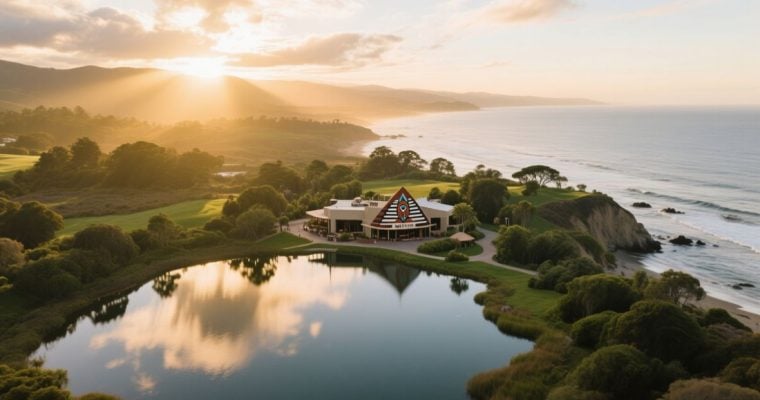Tribal Casino Sits On Bank of Beautiful Lake Surrounded By Trees and Sun Setting Background